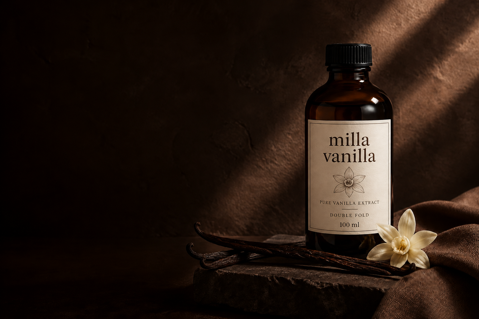 Milla Vanilla amber 100 ml bottle with an ivory botanical label, vanilla pods and a vanilla orchid